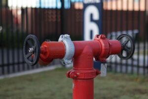 a red fire hydrant with a black fence behind it